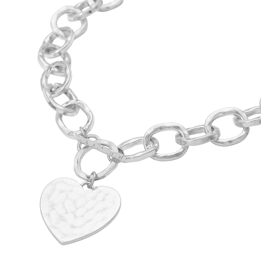 Madeline Love Worn Silver Hammered Metal Heart Charm Chunky Chain Toggle Necklace - Necklaces - desc