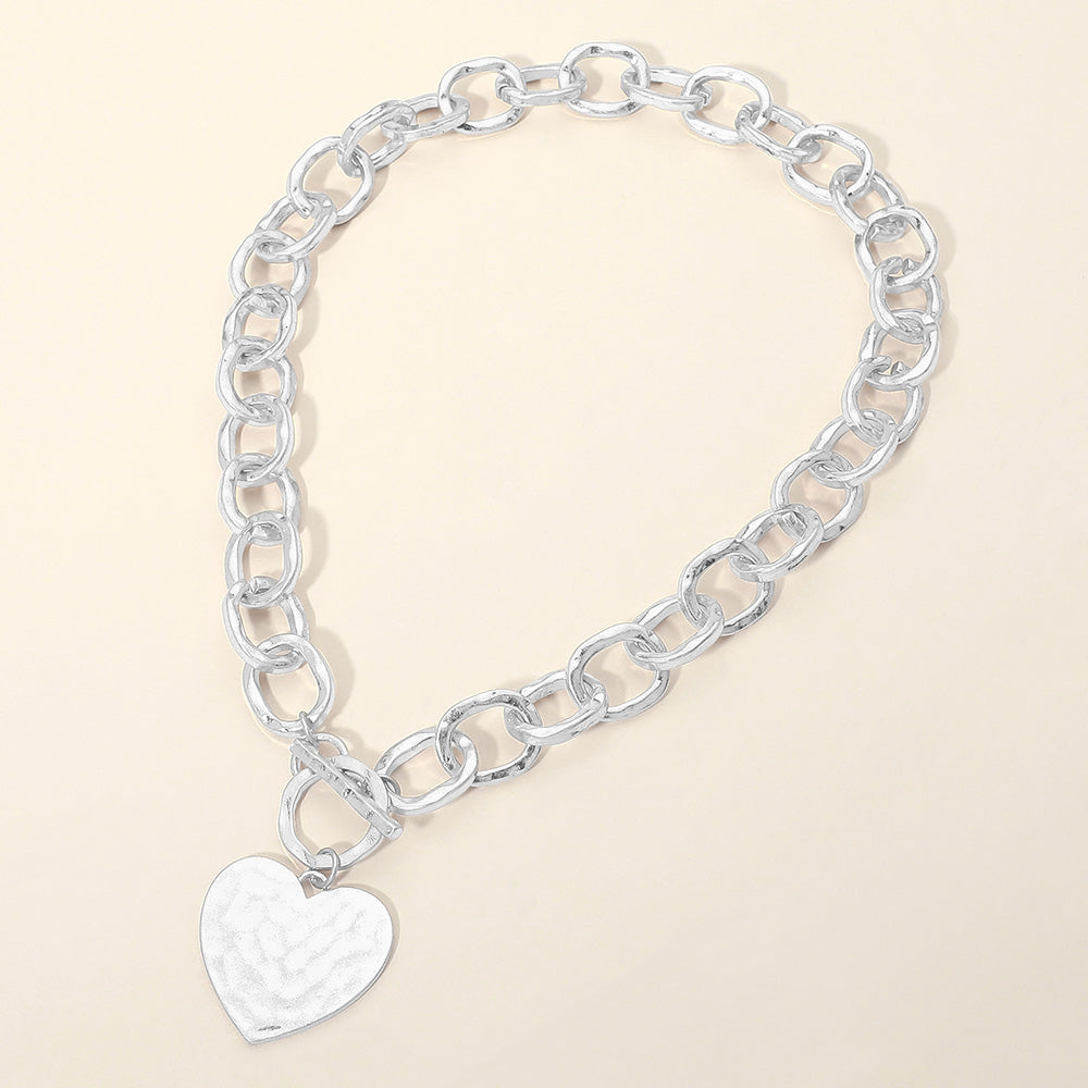 Madeline Love Worn Silver Hammered Metal Heart Charm Chunky Chain Toggle Necklace - Necklaces - extra