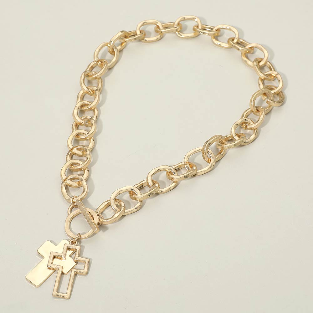 Madeline Love Gold, Worn Gold Hammered Layered Cross Pendant Chunky Chain Toggle Necklace - Necklaces