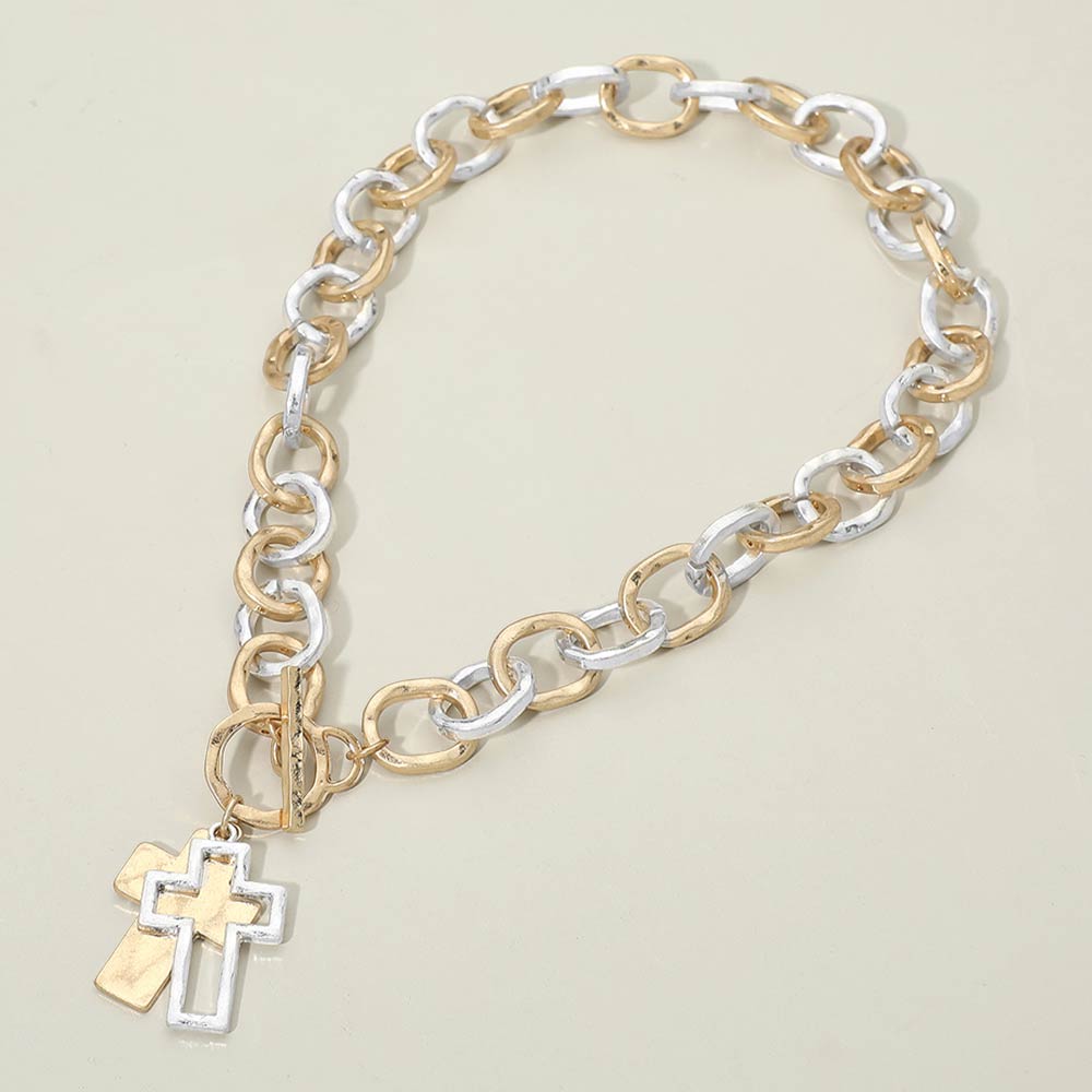 Madeline Love Worn Gold, Worn Silver Hammered Layered Cross Pendant Chunky Chain Toggle Necklace - Necklaces
