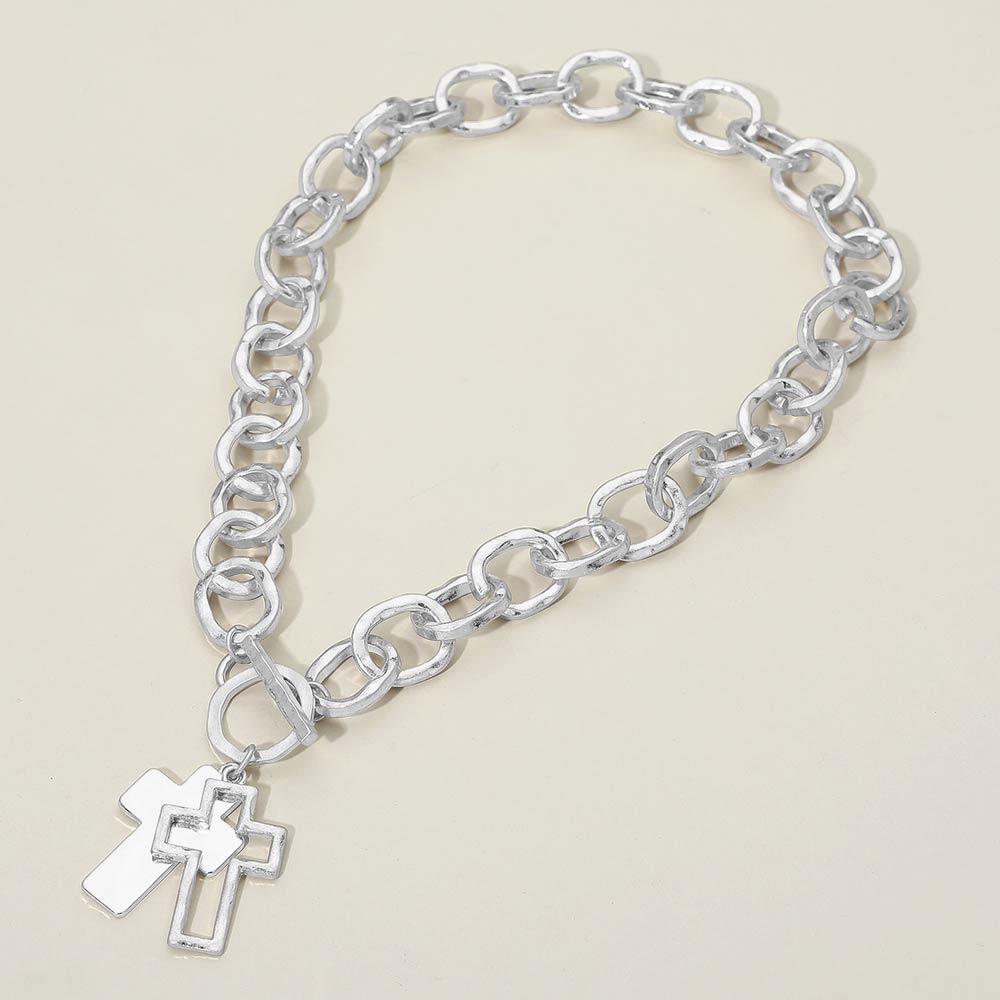 Madeline Love Rhodium, Worn Silver Hammered Layered Cross Pendant Chunky Chain Toggle Necklace - Necklaces