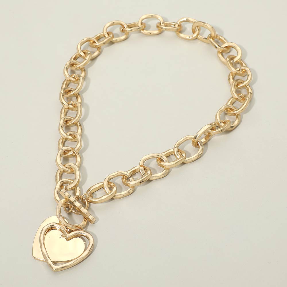 Madeline Love Gold, Worn Gold Hammered Layered Heart Pendant Chunky Chain Toggle Necklace - Necklaces