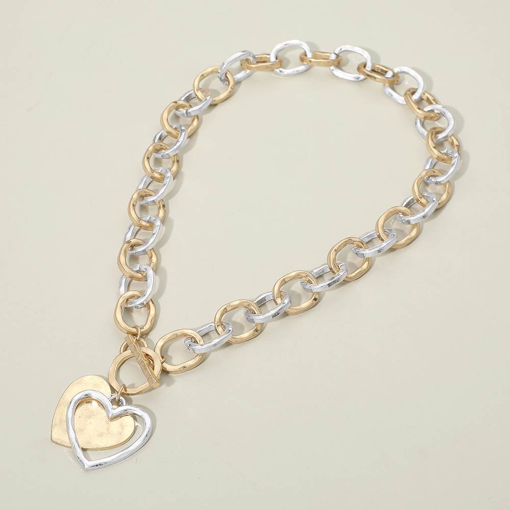 Madeline Love Worn Gold, Worn Silver Hammered Layered Heart Pendant Chunky Chain Toggle Necklace - Necklaces