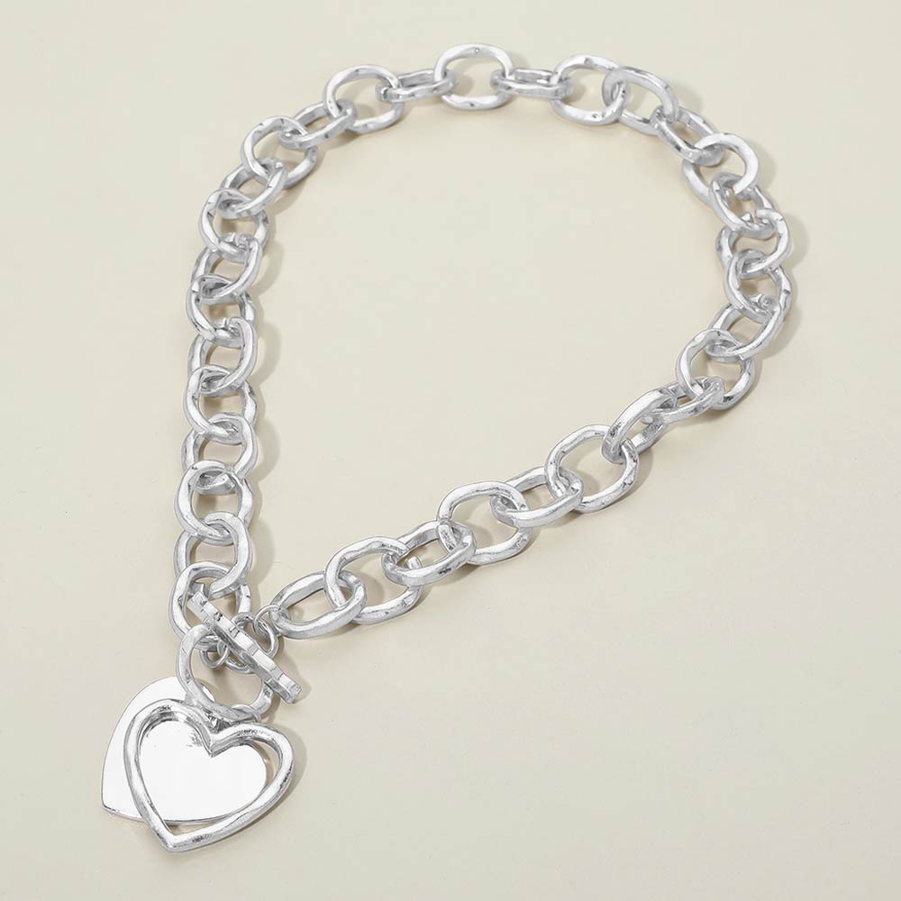 Madeline Love Rhodium, Worn Silver Hammered Layered Heart Pendant Chunky Chain Toggle Necklace - Necklaces