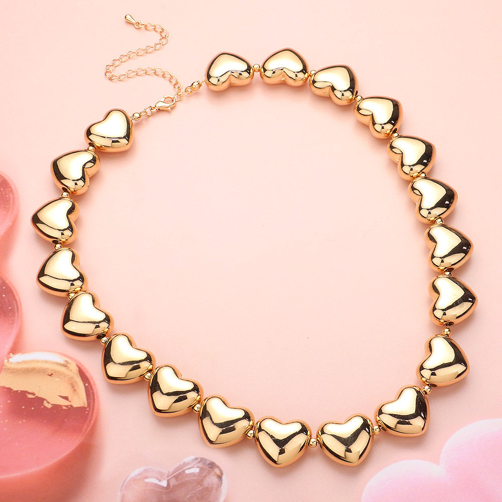 Metal Heart Link Necklace - Gold - Necklaces