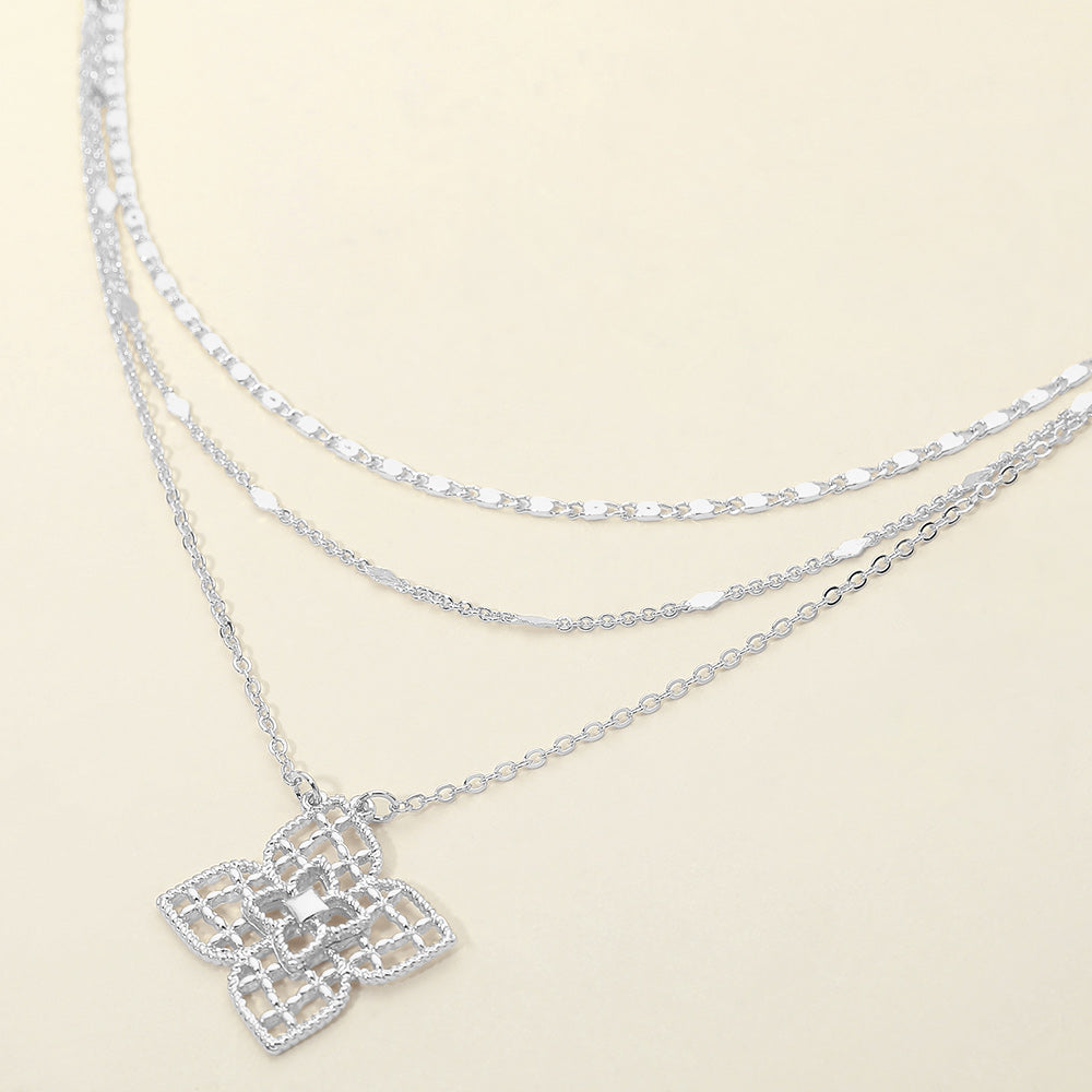 Madeline Love Rhodium Floral Pendant Accent Triple Layered Chain Necklace
