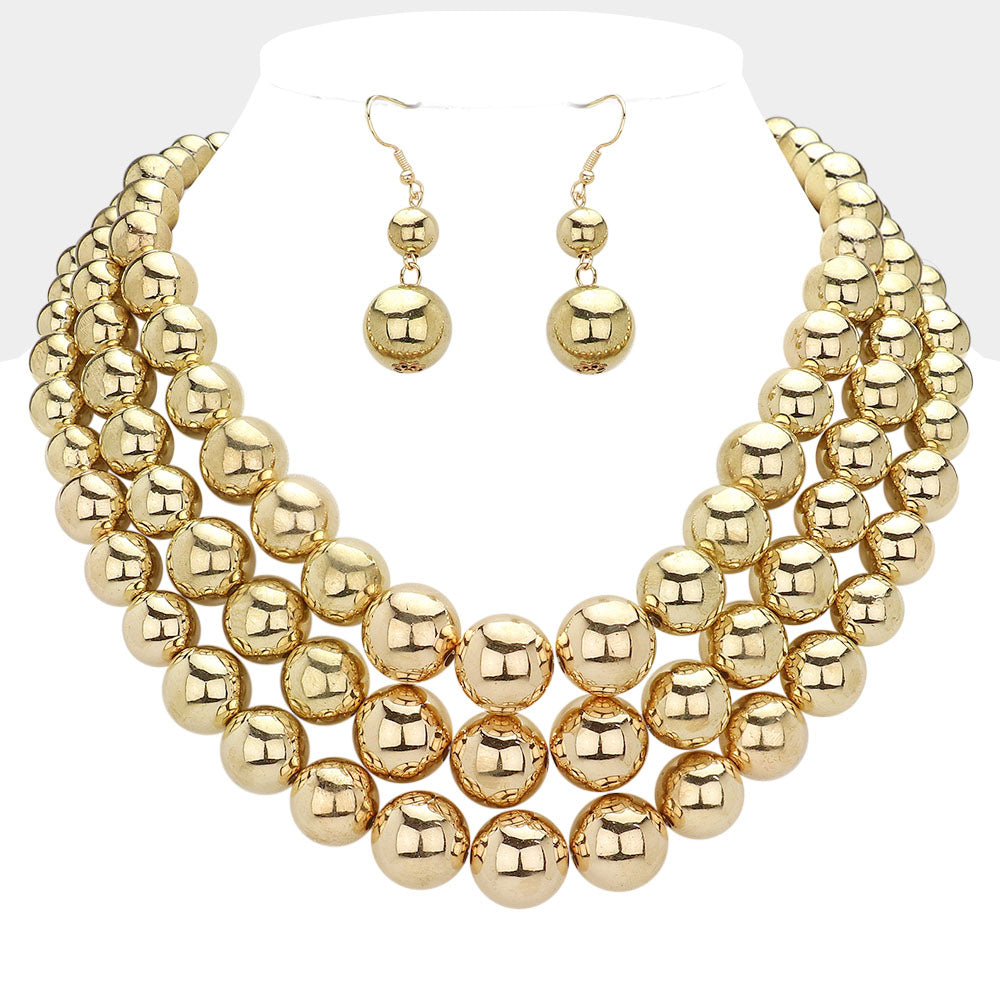 Madeline Love Gold Metal Ball Beaded Triple Layered Statement Necklace - Necklaces