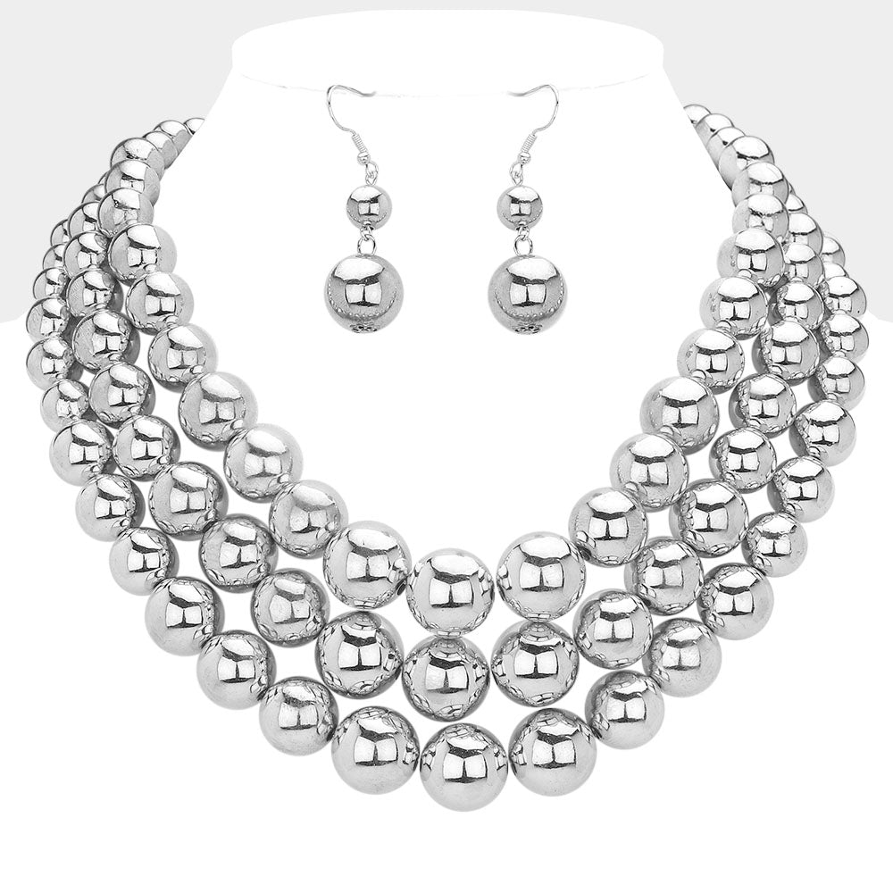 Madeline Love Silver Metal Ball Beaded Triple Layered Statement Necklace - Necklaces