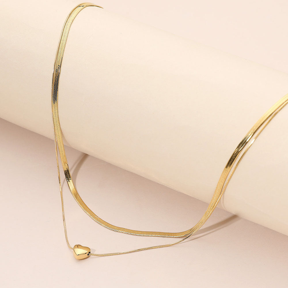 Madeline Love Gold SECRET BOX_Stainless Steel Heart Pendant Accent Herringbone Chain Layered Necklace - Necklaces