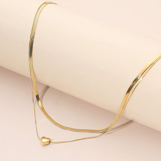 Madeline Love Gold SECRET BOX_Stainless Steel Heart Pendant Accent Herringbone Chain Layered Necklace - Necklaces