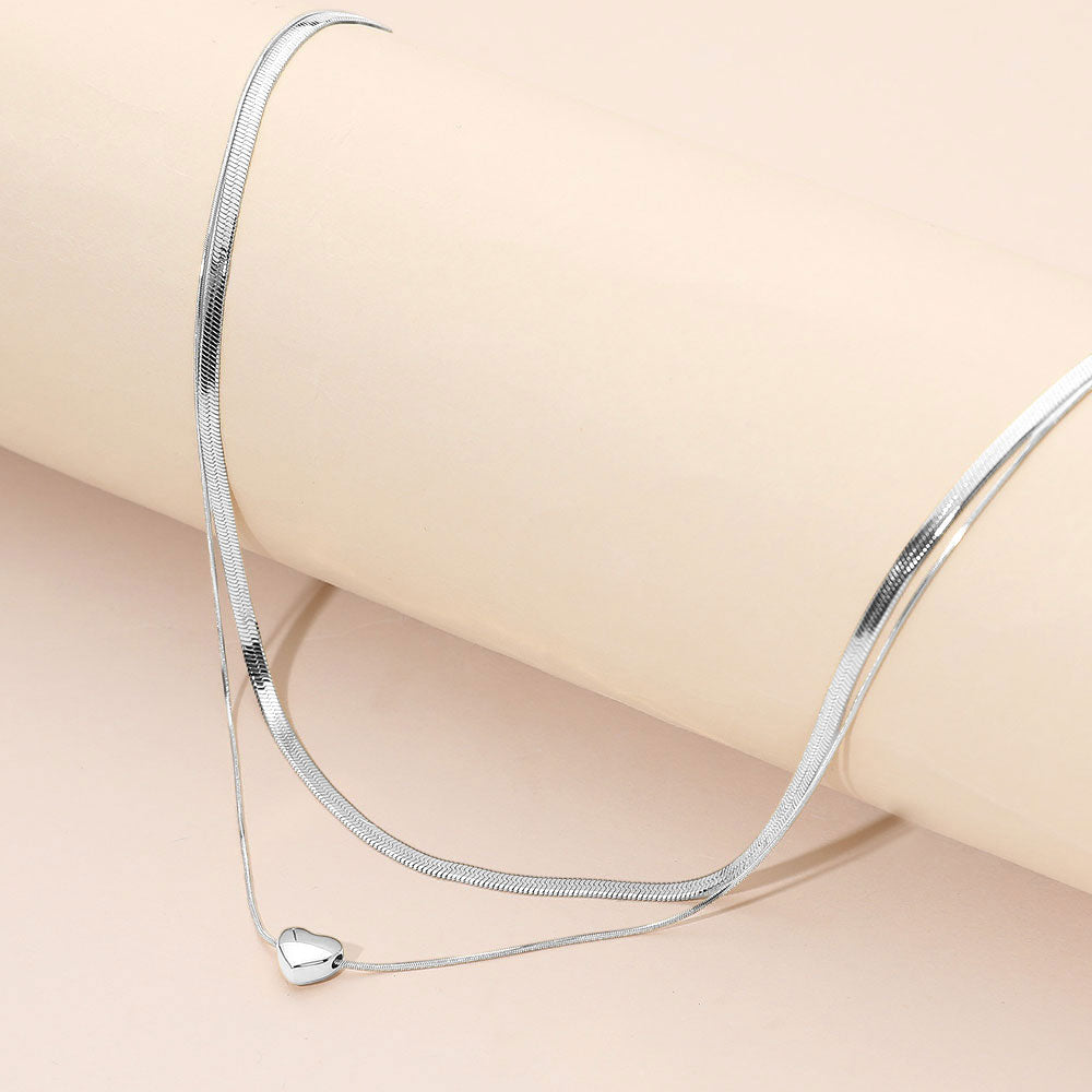 Madeline Love Rhodium SECRET BOX_Stainless Steel Heart Pendant Accent Herringbone Chain Layered Necklace - Necklaces