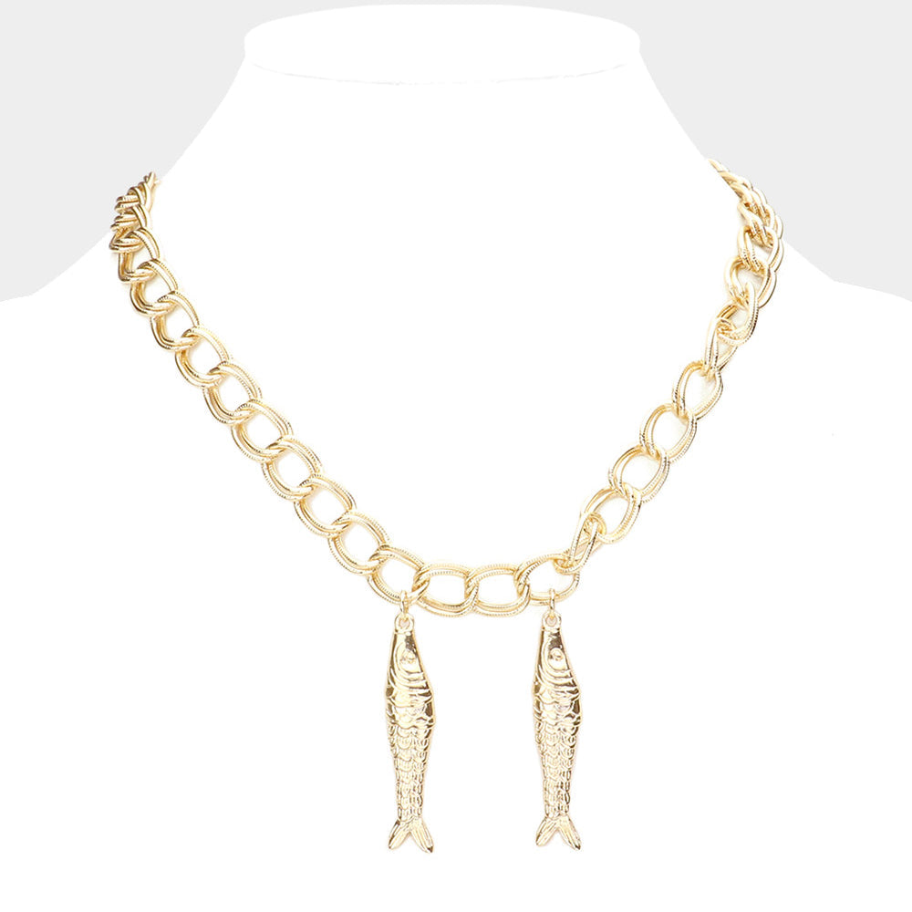 Gold Double Metal Fish Pendant Necklace
