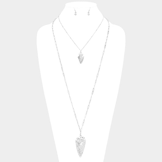 Madeline Love Worn Silver Hammered Metal Abstract Pendant Chain Long Necklace - Necklaces