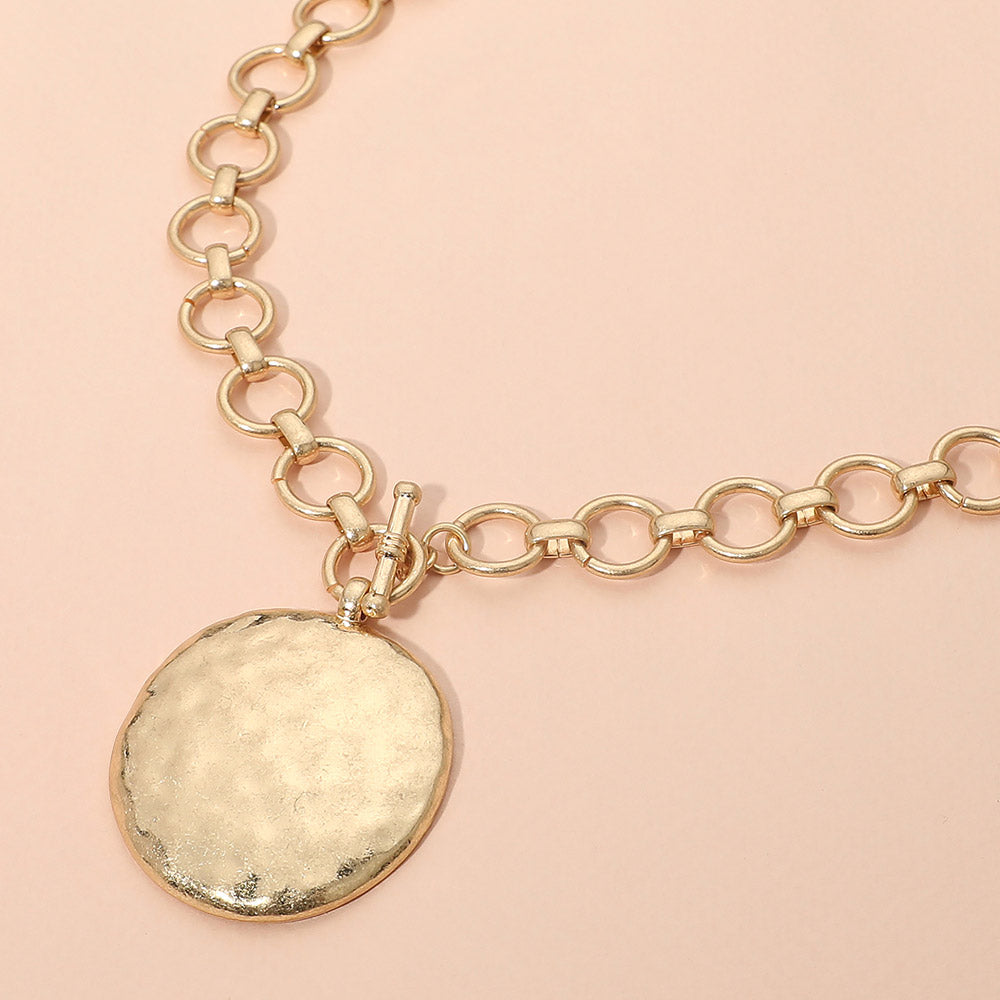 Madeline Love Worn Gold Hammered Metal Disc Pendant Accent Chunky Chain Necklace