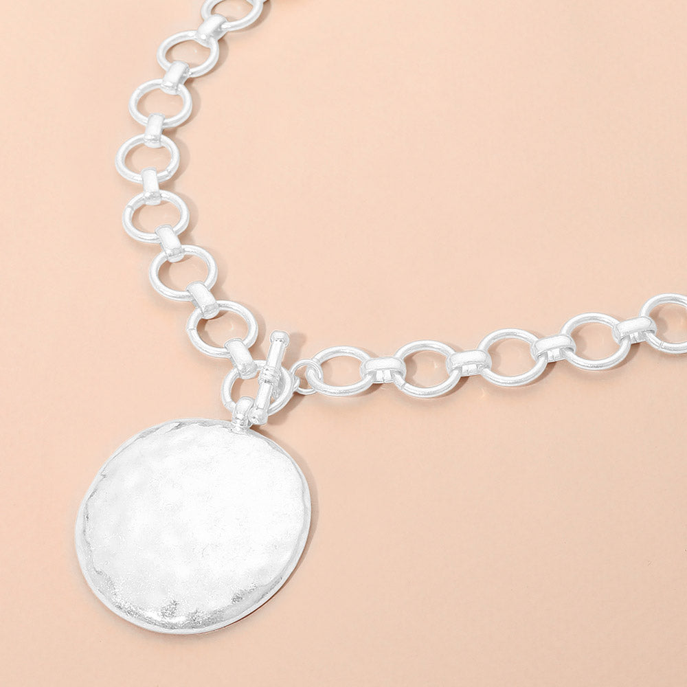Madeline Love Worn Silver Hammered Metal Disc Pendant Accent Chunky Chain Necklace