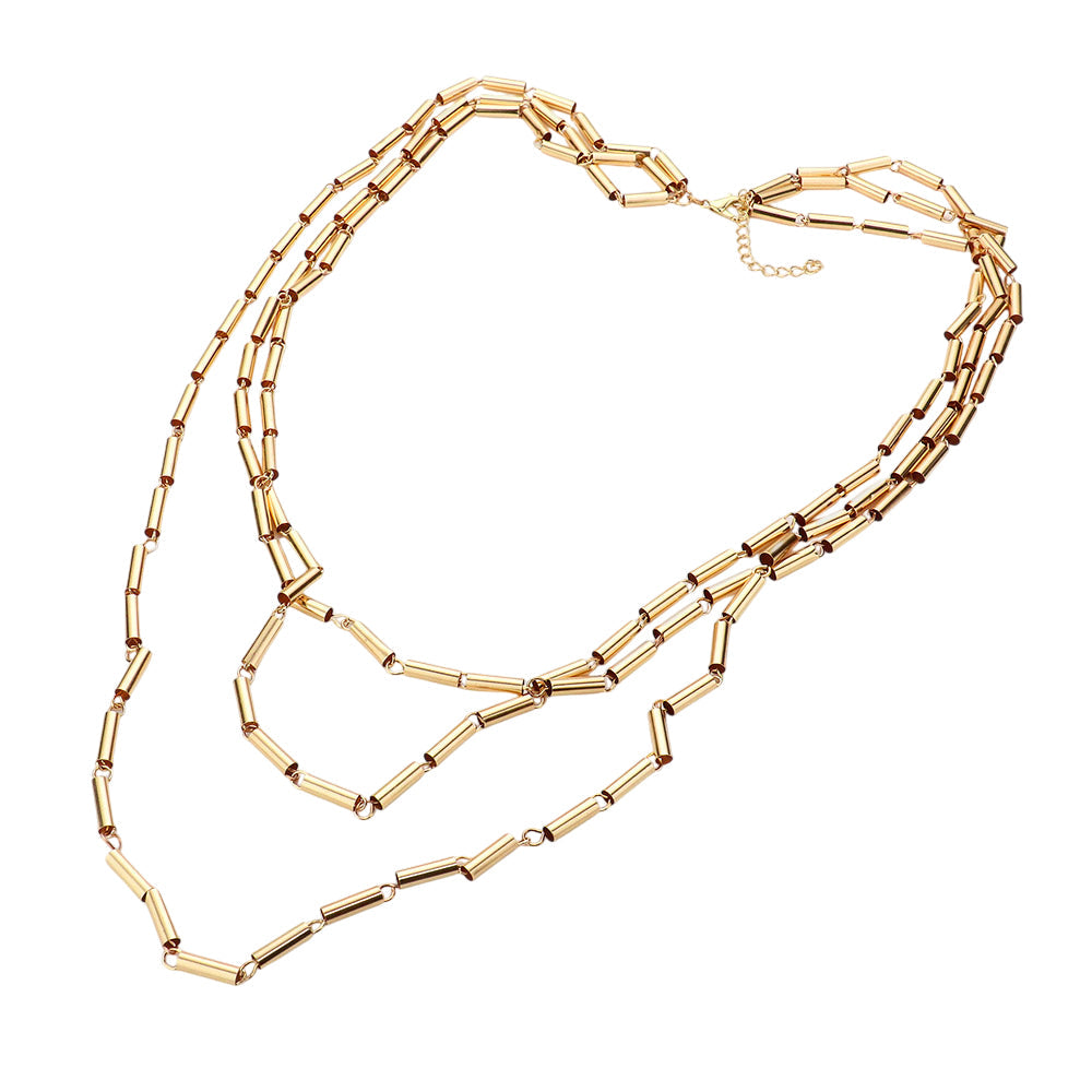 Madeline Love Gold Metal Cylinder Triple Layered Bib Necklace - Necklaces - desc