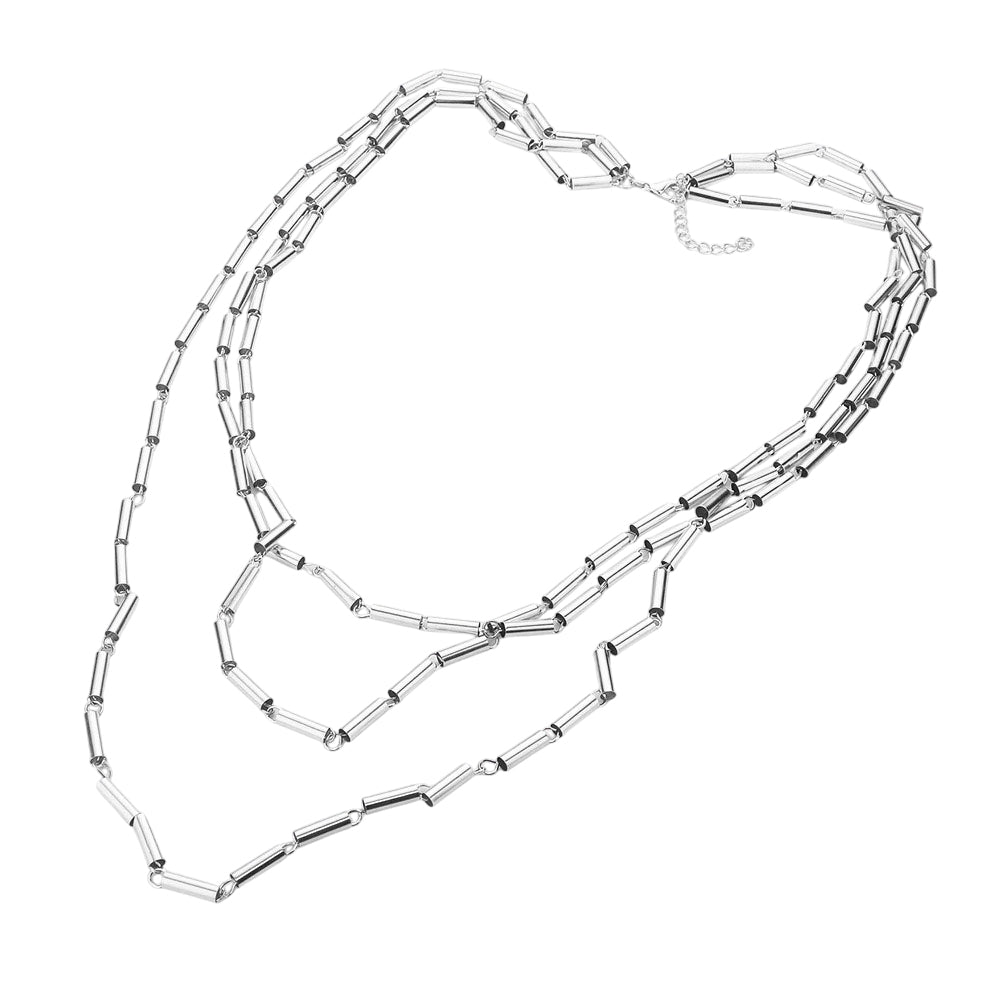 Madeline Love Rhodium Metal Cylinder Triple Layered Bib Necklace - Necklaces - desc