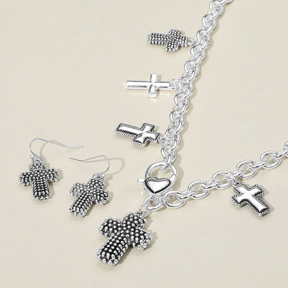 Madeline Love Antique Silver Textured Chunky Metal Cross Pendant Charm Necklace - Necklaces