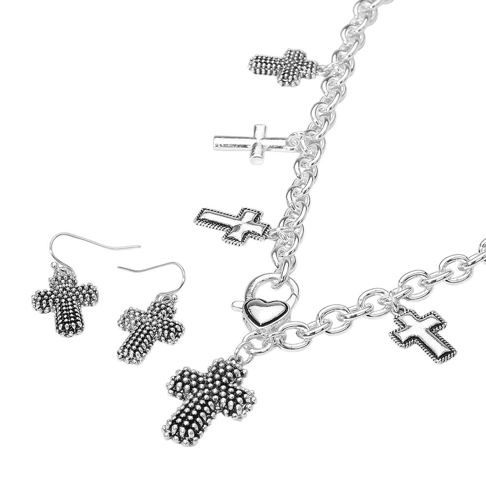 Madeline Love Antique Silver Textured Chunky Metal Cross Pendant Charm Necklace - Necklaces - desc