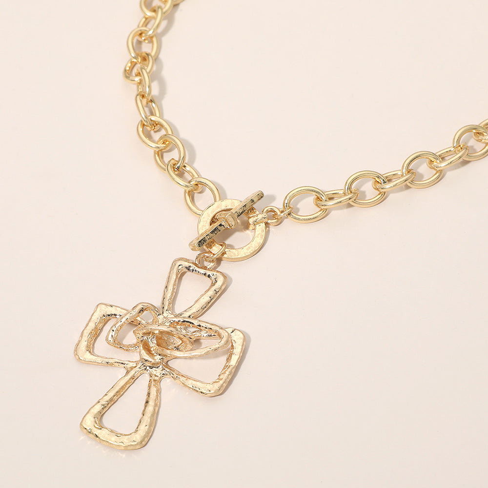 Madeline Love Worn Gold Hammered Metal Cross Toggle Pendant Necklace - Necklaces