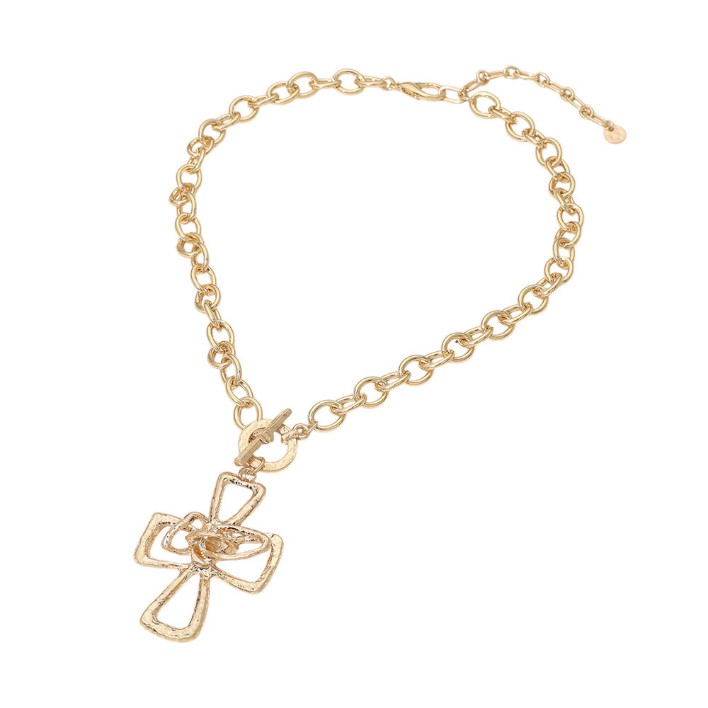 Madeline Love Worn Gold Hammered Metal Cross Toggle Pendant Necklace - Necklaces - extra