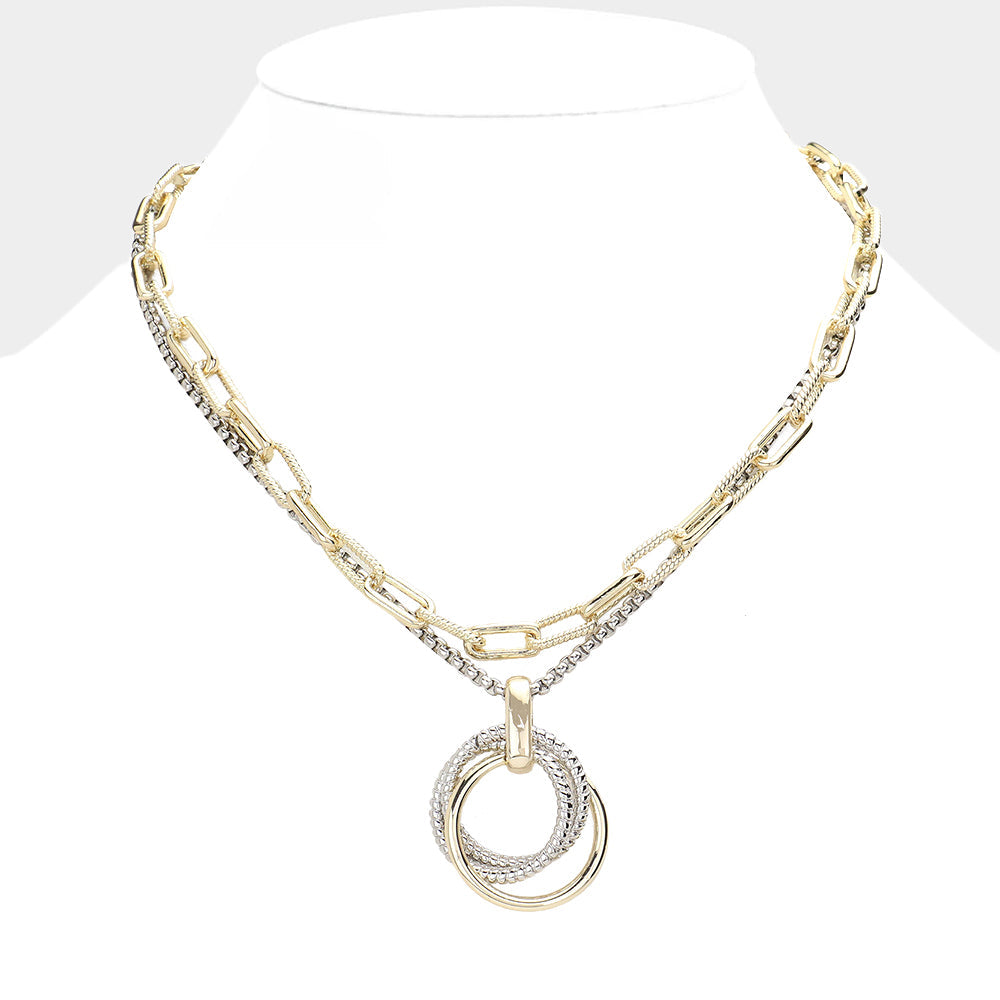 Madeline Love Two Tone Triple Open Metal Circle Link Pendant Double Layered Toggle Necklace - Necklaces