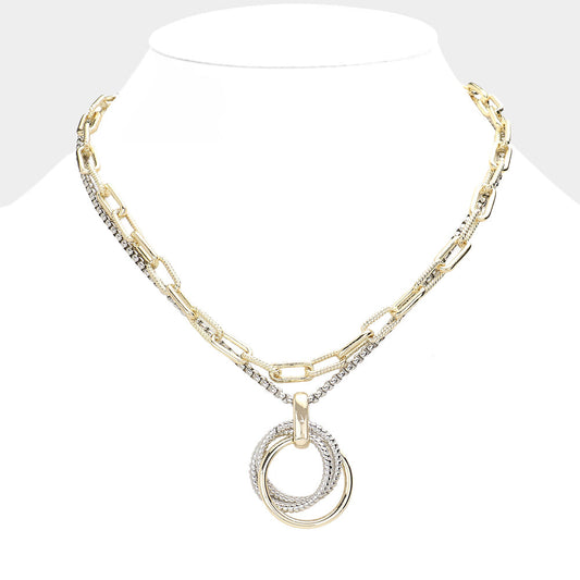 Madeline Love Two Tone Triple Open Metal Circle Link Pendant Double Layered Toggle Necklace - Necklaces