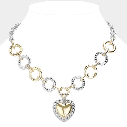 14K Gold Plated Two Tone Textured Metal Heart Pendant Necklace