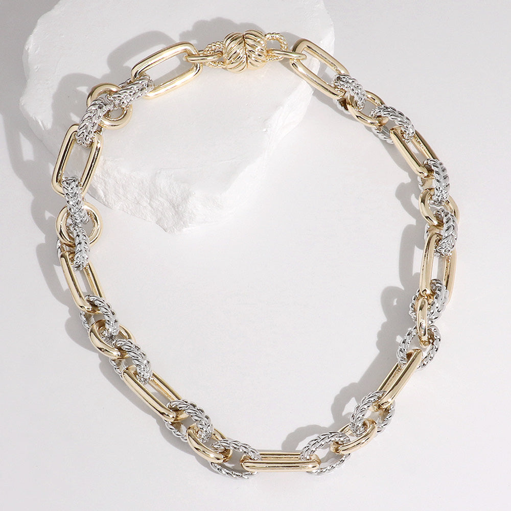 Two Tone 14K Gold Plated Two Tone Textured Chain Magnetic Necklace