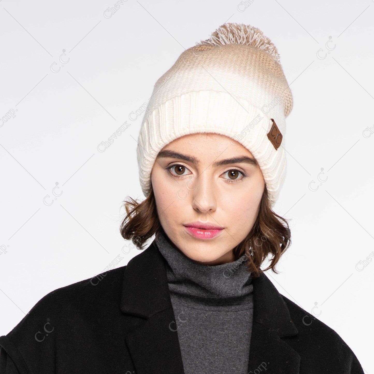 C.C Ombre Pom Beanie Hat With Fuzzy Lining