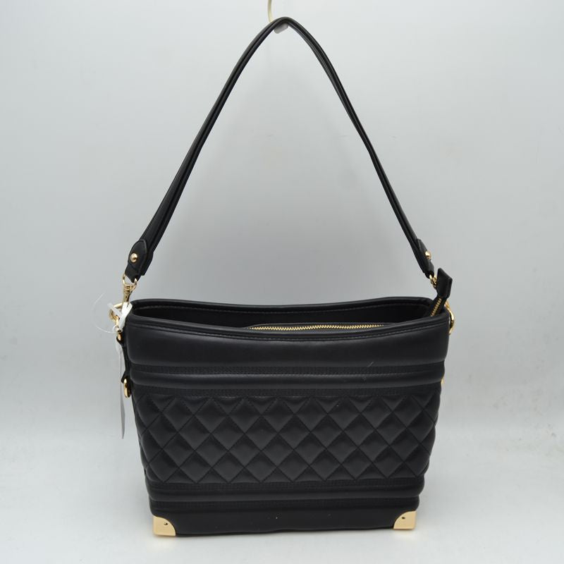 Quilted Diamond Pattern Shoulder Bag with Bottom Corner Accents - Black - Shoulder Bag