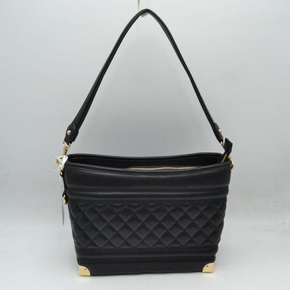Quilted Diamond Pattern Shoulder Bag with Bottom Corner Accents - Black - Shoulder Bag