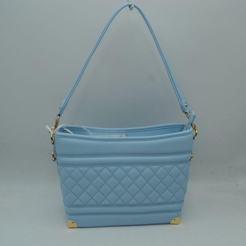 Quilted Diamond Pattern Shoulder Bag with Bottom Corner Accents - Blue - Shoulder Bag