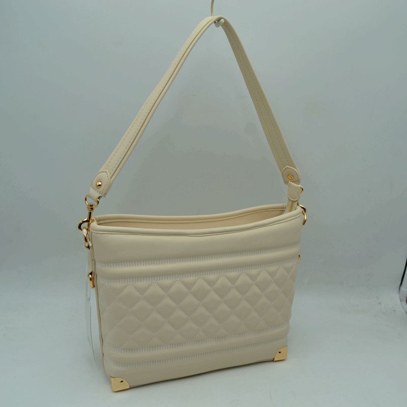 Quilted Diamond Pattern Shoulder Bag with Bottom Corner Accents - Buttercream - Shoulder Bag