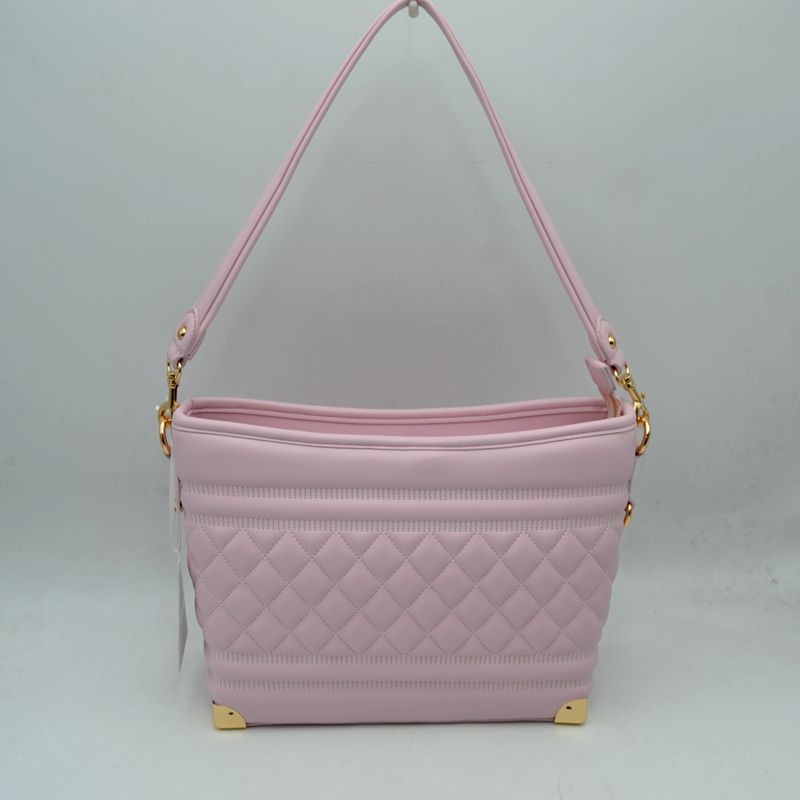 Quilted Diamond Pattern Shoulder Bag with Bottom Corner Accents - Light Pink - Shoulder Bag