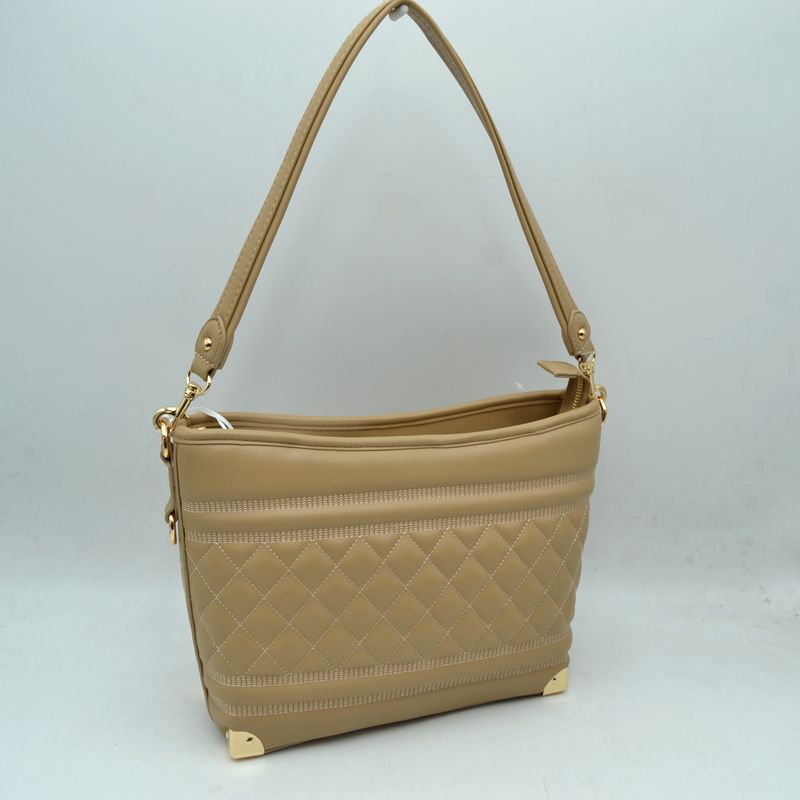 Quilted Diamond Pattern Shoulder Bag with Bottom Corner Accents - Sand - Shoulder Bag