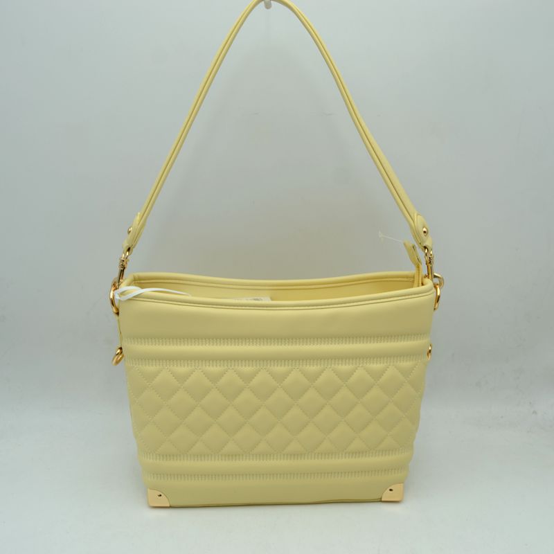Quilted Diamond Pattern Shoulder Bag with Bottom Corner Accents - Yellow - Shoulder Bag