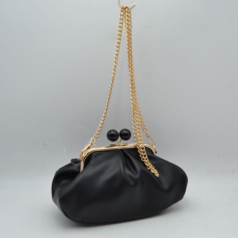 Ruched Kiss Lock Clutch Shoulder Bag with Detachable Gold Chain Strap - Black - Shoulder Bag