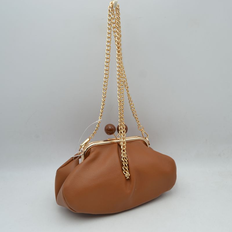 Ruched Kiss Lock Clutch Shoulder Bag with Detachable Gold Chain Strap - brown - Shoulder Bag