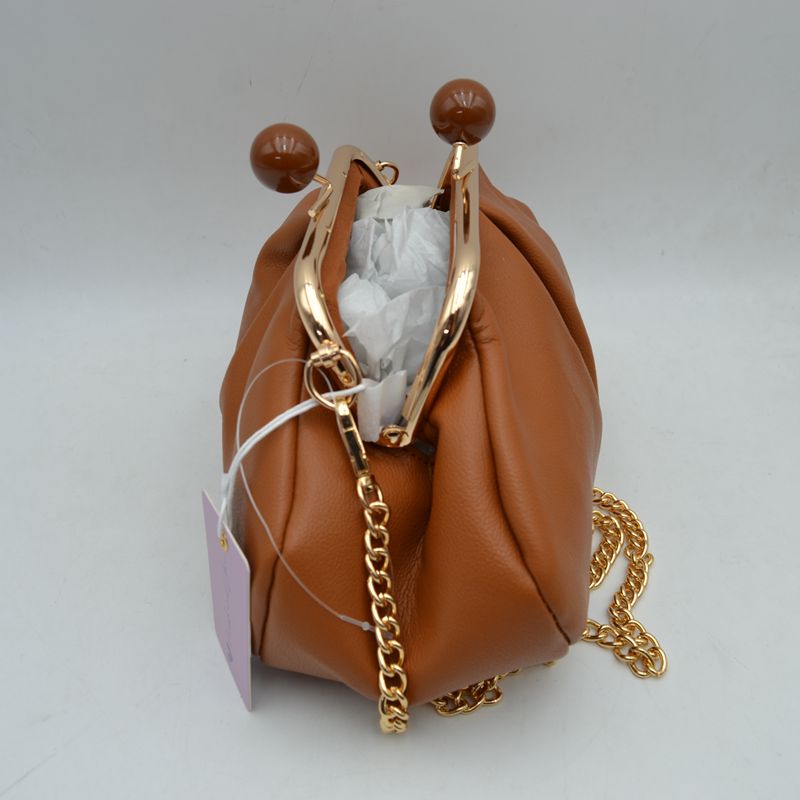 Ruched Kiss Lock Clutch Shoulder Bag with Detachable Gold Chain Strap - Shoulder Bag