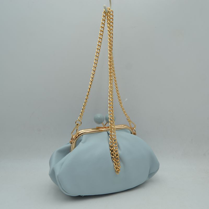 Ruched Kiss Lock Clutch Shoulder Bag with Detachable Gold Chain Strap - Light Blue - Shoulder Bag