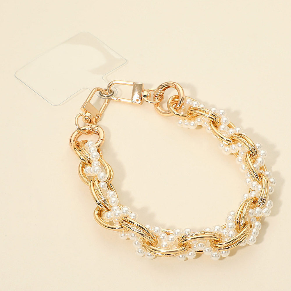 Madeline Love Gold Pearl Chain Phone Holder Bracelet Wristlet Strap