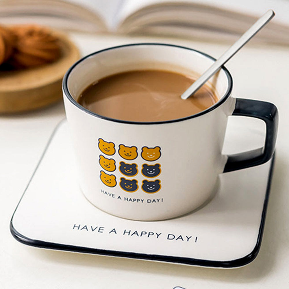 Madeline Love Black, White Have a Happy Day ! Message Cute Bear Ceramic Mug Cup and Saucer Set - Jewelry
