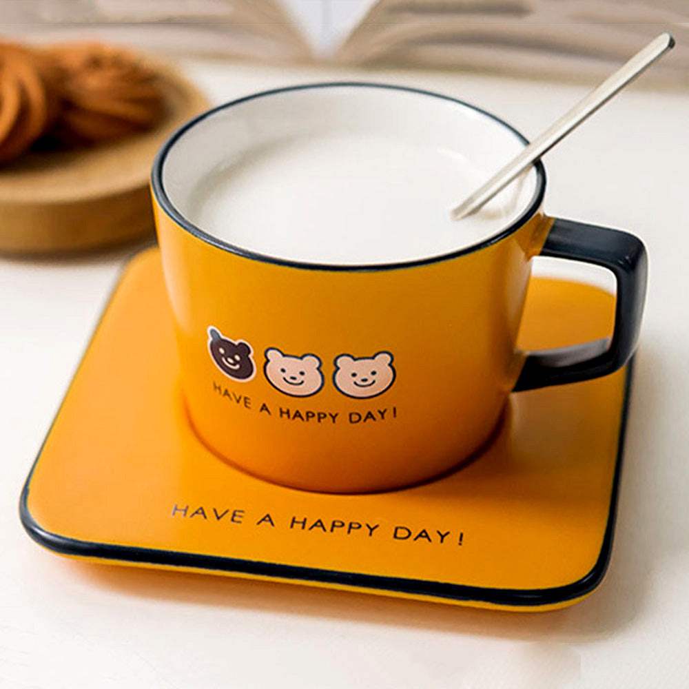Madeline Love Mustard Have a Happy Day ! Message Cute Bear Ceramic Mug Cup and Saucer Set - Jewelry