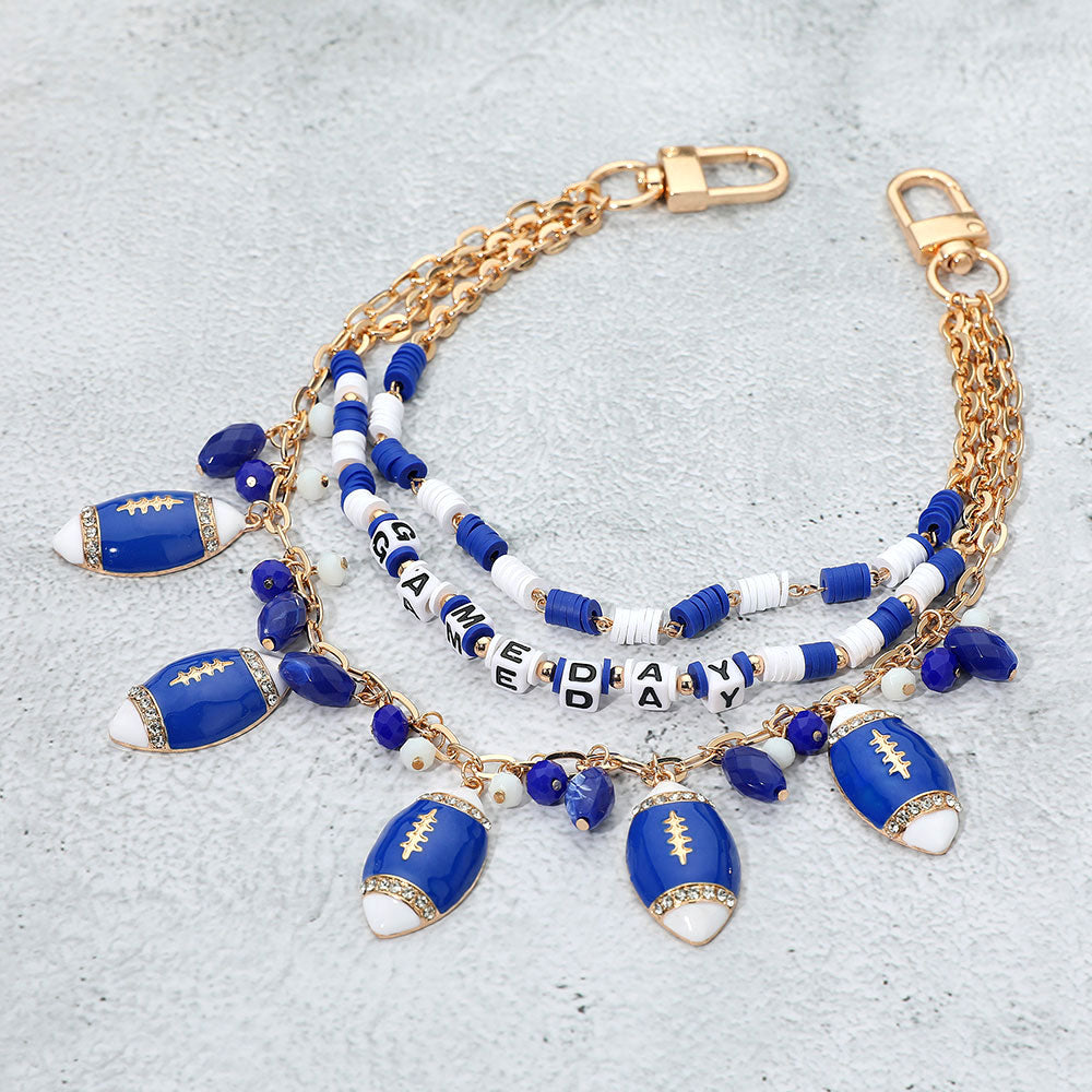 Madeline Love Blue, Gold, White Football Charm Embellished GAME DAY Heishi Beaded Layered Bag Charm - Bags & Wallets