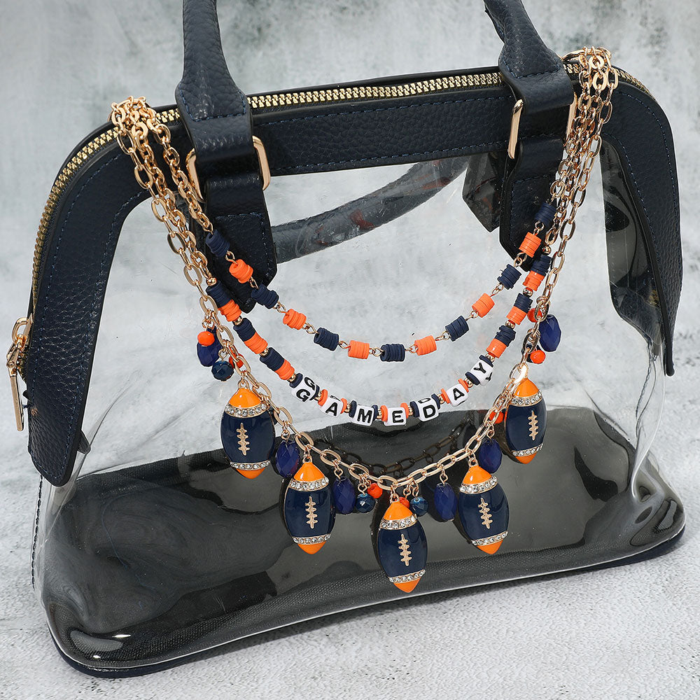 Madeline Love Gold, Navy, Orange Football Charm Embellished GAME DAY Heishi Beaded Layered Bag Charm - Bags & Wallets