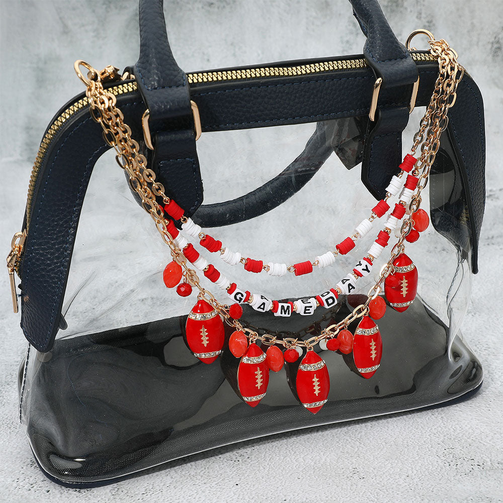 Madeline Love Gold, Red, White Football Charm Embellished GAME DAY Heishi Beaded Layered Bag Charm - Bags & Wallets