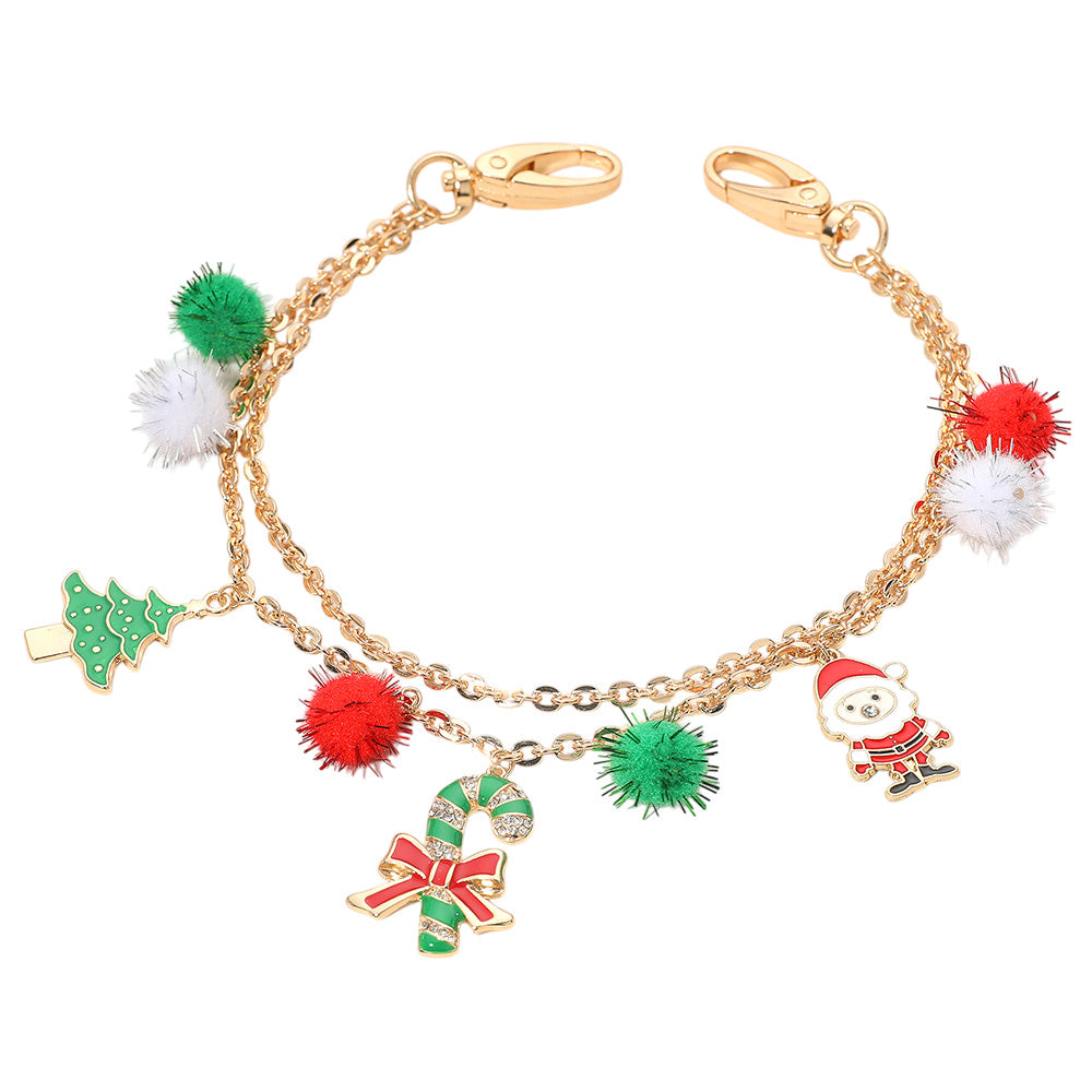 Madeline Love Gold Christmas Tree Santa Festive Pom Pom Bag Charm - Bags & Wallets - desc
