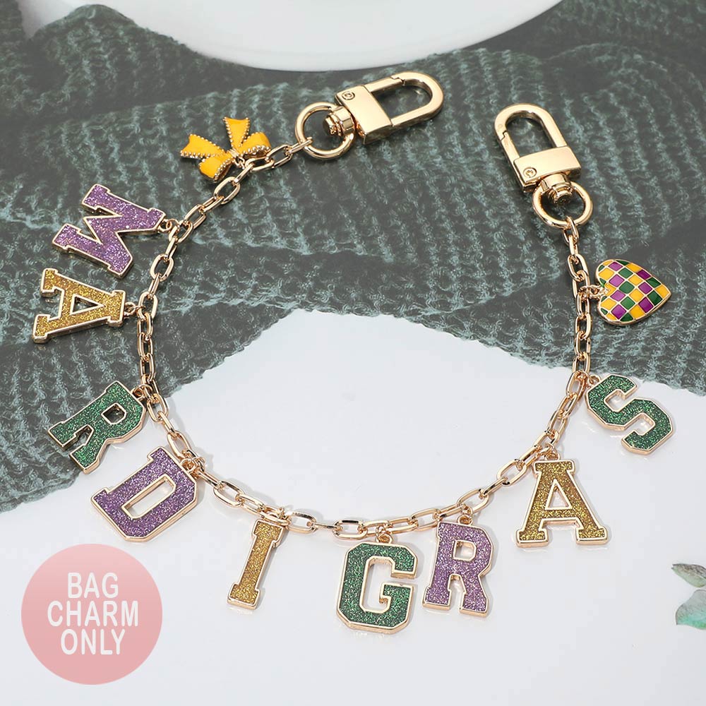 Madeline Love Gold, Green, Purple , Yellow MARDI GRAS Message Bow Heart Charm Station Bag Chain Charm - Bags & Wallets