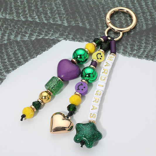 Madeline Love Gold, Green Mardi Gras Heart Star Charm Beaded Drop Keychain Bag Charm - Bags & Wallets